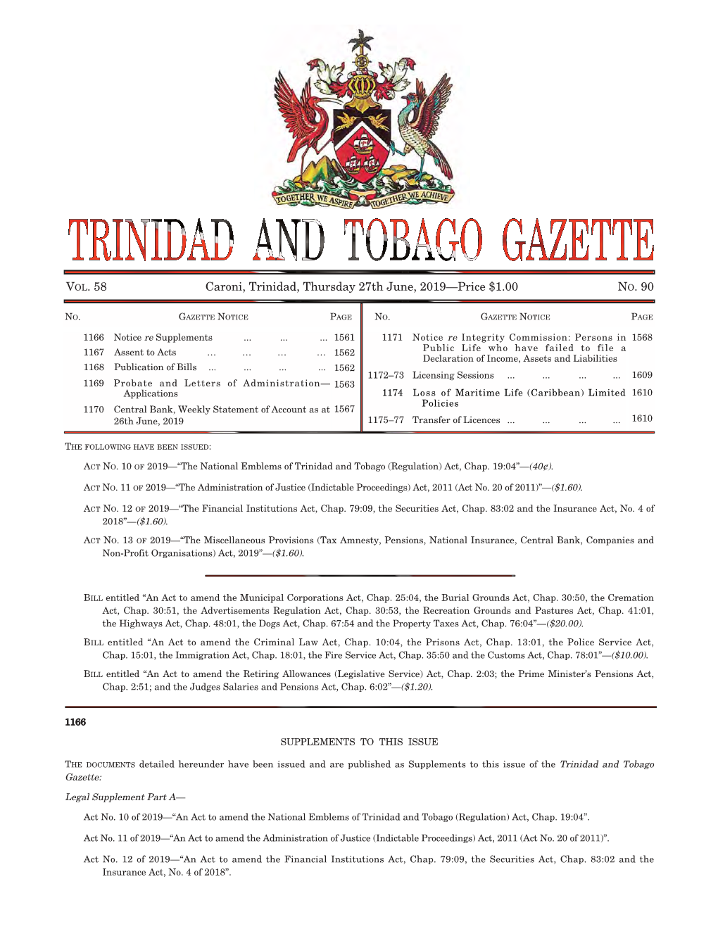 Gazette No. 90, Vol. 58, Thursday 27Th June, 2019