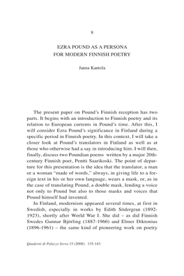 Ezra Pound As a Persona for Modem Finnish Poetry