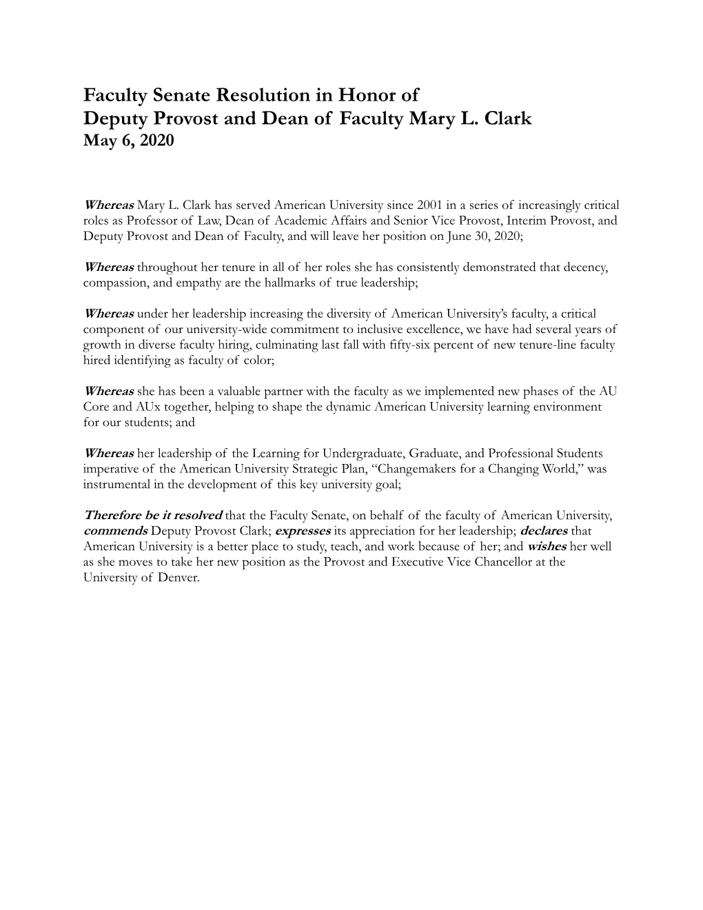 Faculty Senate Resolution in Honor of Deputy Provost and Dean of Faculty Mary L