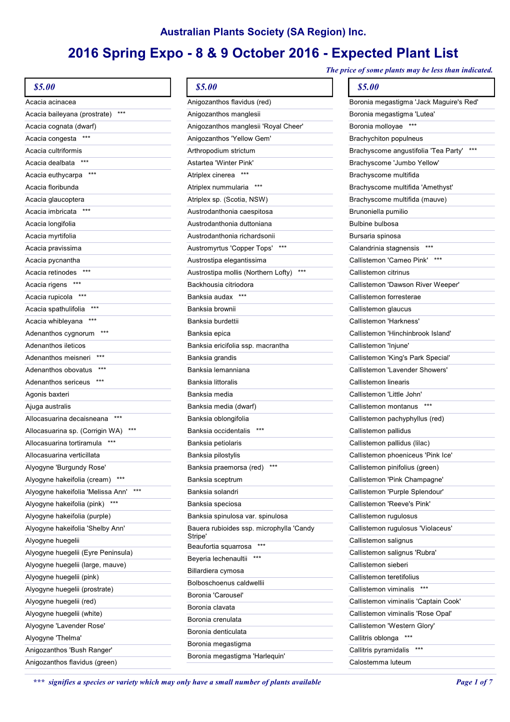 2016 Spring Expo - 8 & 9 October 2016 - Expected Plant List the Price of Some Plants May Be Less Than Indicated