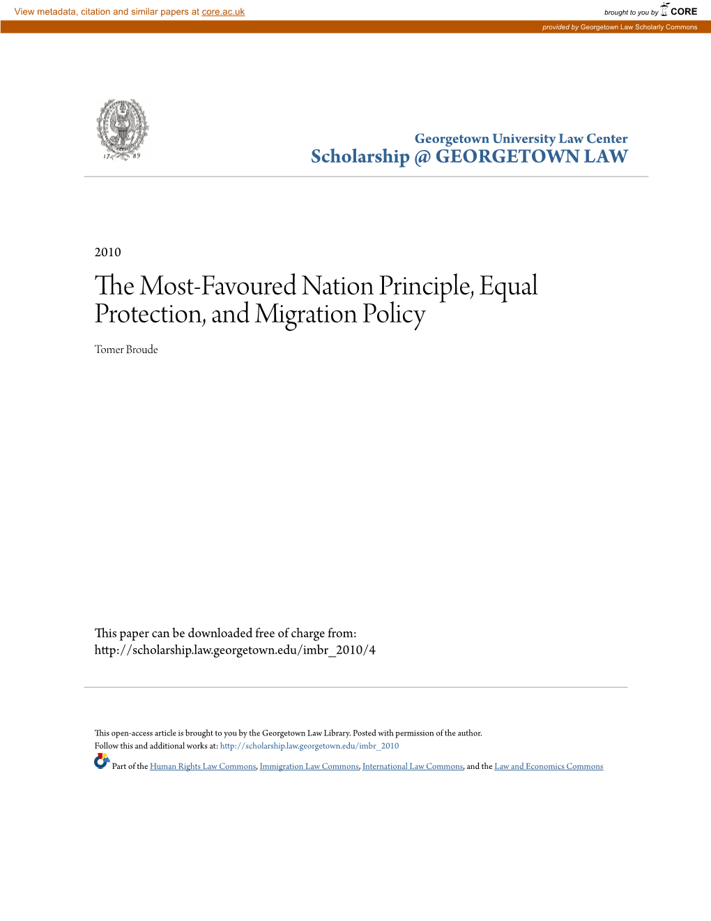 The Most-Favoured Nation Principle, Equal Protection, and Migration Policy