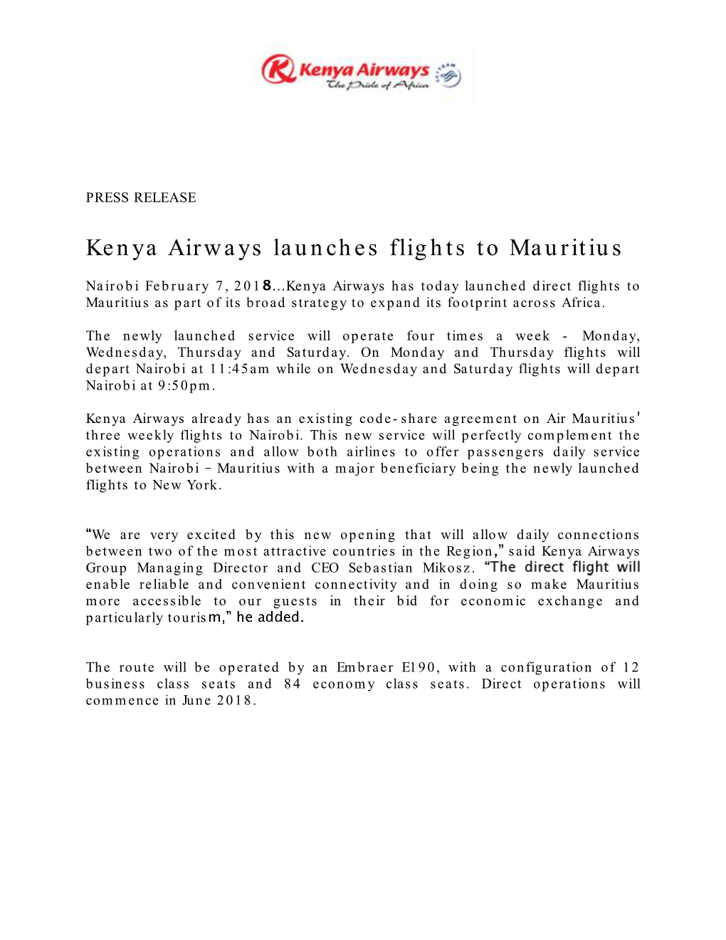 Kenya Airways Launches Flights to Mauritius