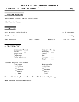 LYCEUM-THE CIRCLE HISTORIC DISTRICT Page 1 United States Department of the Interior, National Park Service National Register of Historic Places Registration Form