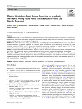 Effect of Mindfulness-Based Relapse Prevention on Impulsivity Trajectories Among Young Adults in Residential Substance Use Disorder Treatment
