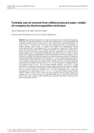 Turbidity and Oil Removal from Oilfield Produced Water, Middle Oil Company by Electrocoagulation Technique