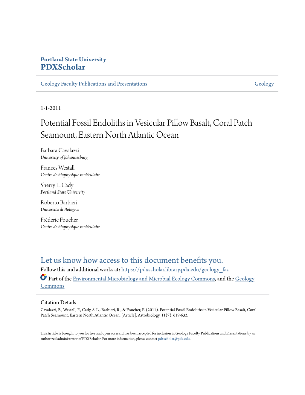 Potential Fossil Endoliths in Vesicular Pillow Basalt, Coral Patch Seamount, Eastern North Atlantic Ocean