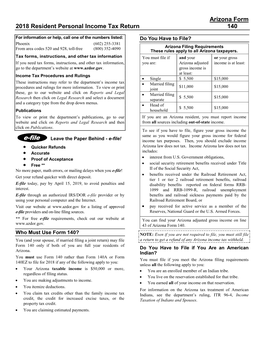 Arizona Form 2018 Resident Personal Income Tax Return 140
