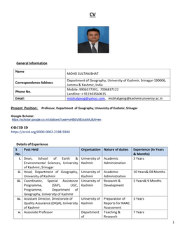 General Information Name MOHD SULTAN BHAT Correspondence Address Department of Geography, University of Kashmir, Srinagar-19000
