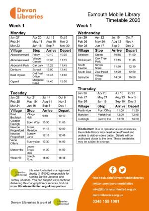 Exmouth Mobile Library Timetable 2020