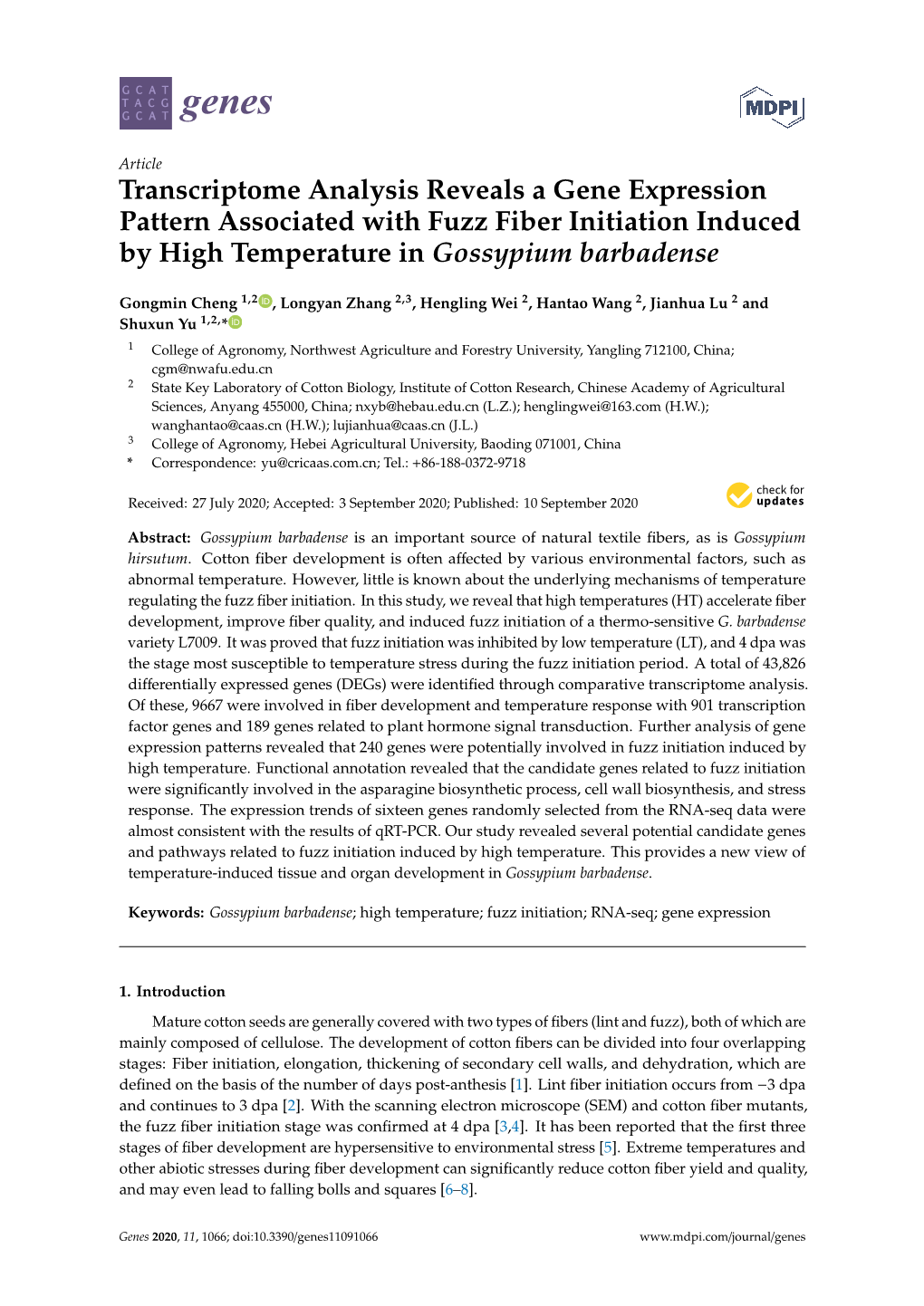 Transcriptome Analysis Reveals a Gene Expression Pattern Associated with Fuzz Fiber Initiation Induced by High Temperature in Gossypium Barbadense