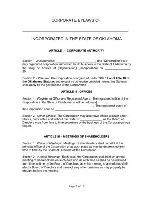 Corporate Bylaws of , Incorporated in the State of Oklahoma