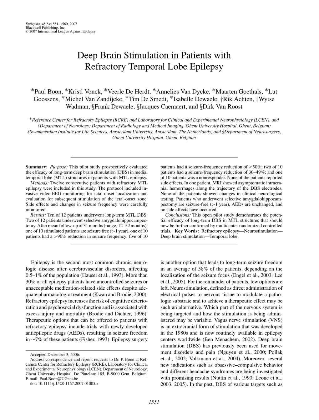 Deep Brain Stimulation in Patients with Refractory Temporal Lobe Epilepsy