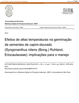 Efeitos De Altas Temperaturas Na Germinação De Sementes De Capim-Dourado (Syngonanthus Nitens (Bong.) Ruhland, Eriocaulaceae): Implicações Para O Manejo