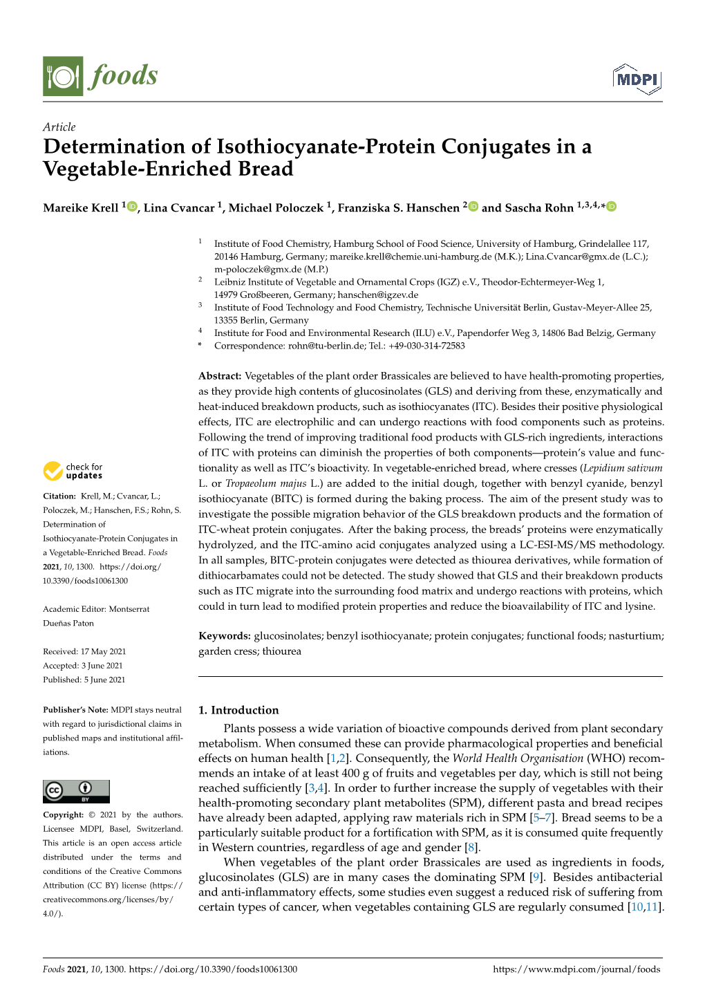 Determination of Isothiocyanate-Protein Conjugates in a Vegetable-Enriched Bread