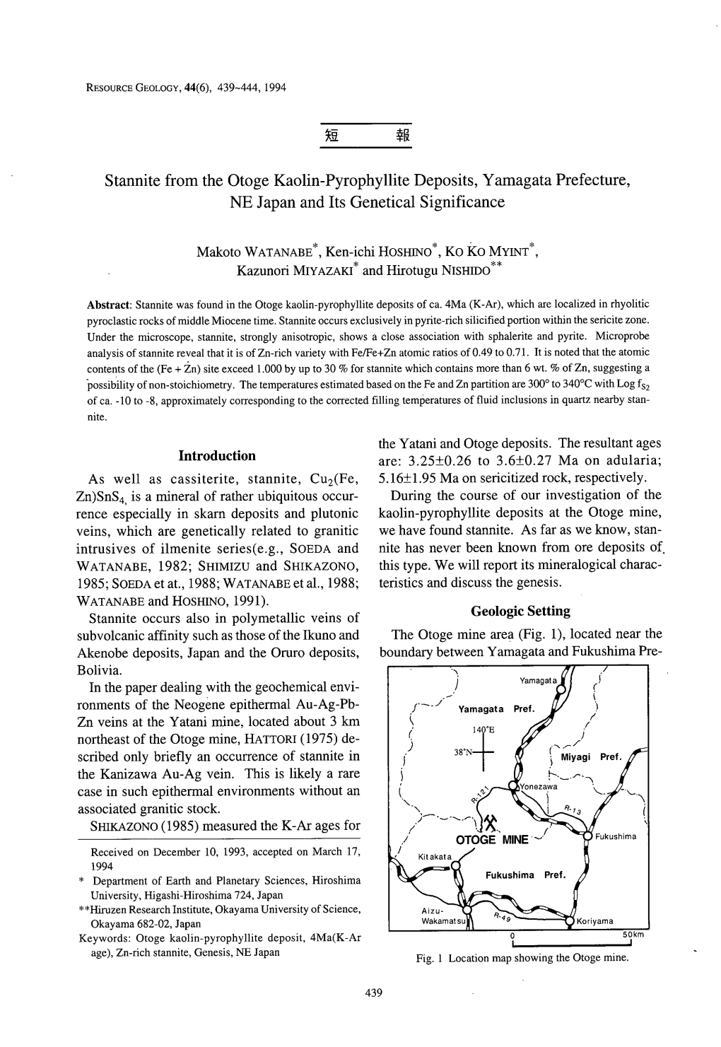 Stannite from the Otoge Kaolin-Pyrophyllite Deposits, Yamagata Prefecture, NE Japan and Its Genetical Significance As Well As Ca