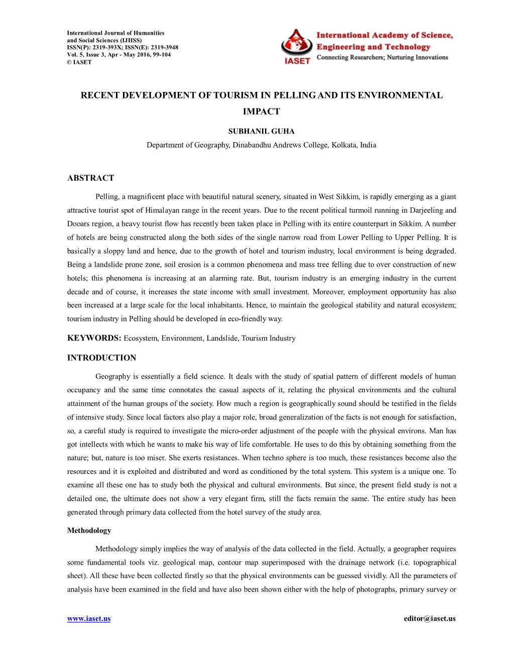 Recent Development of Tourism in Pelling and Its Environmental Impact