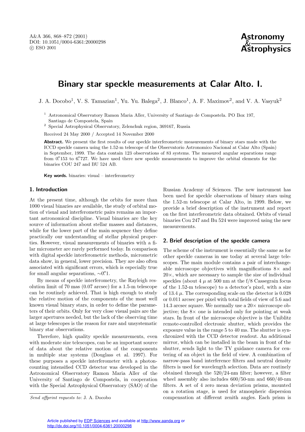 Binary Star Speckle Measurements at Calar Alto. I