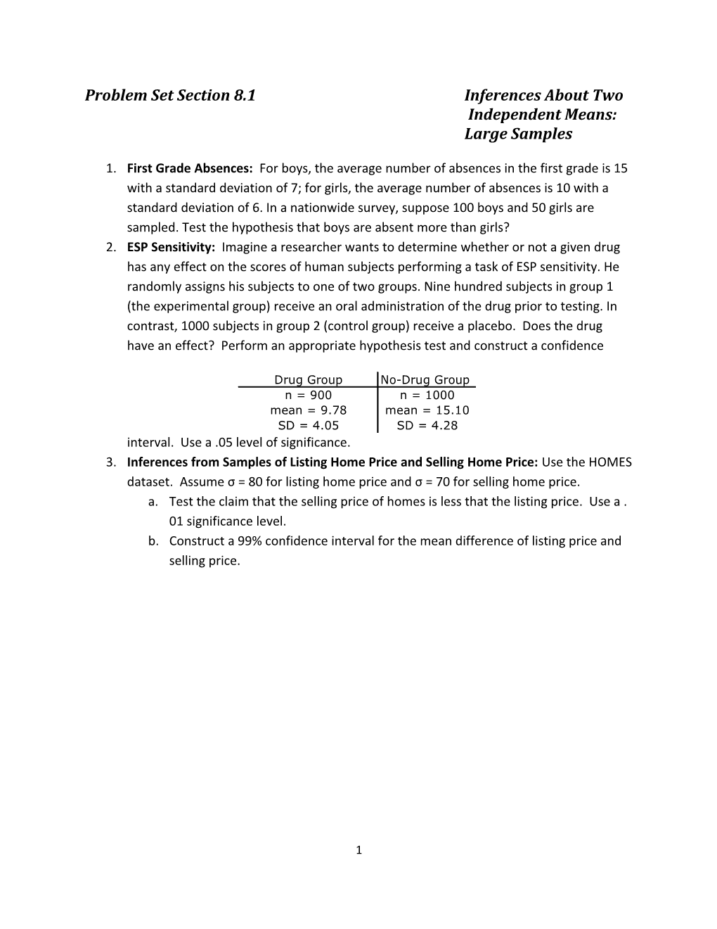 Problem Set Section 8.1 Inferences About Two