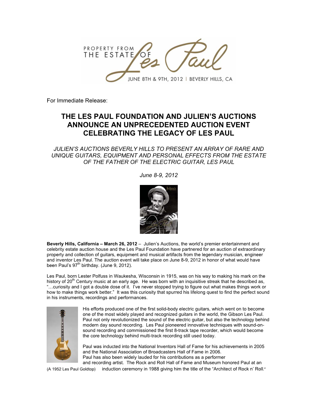 The Les Paul Foundation and Julien's Auctions Announce