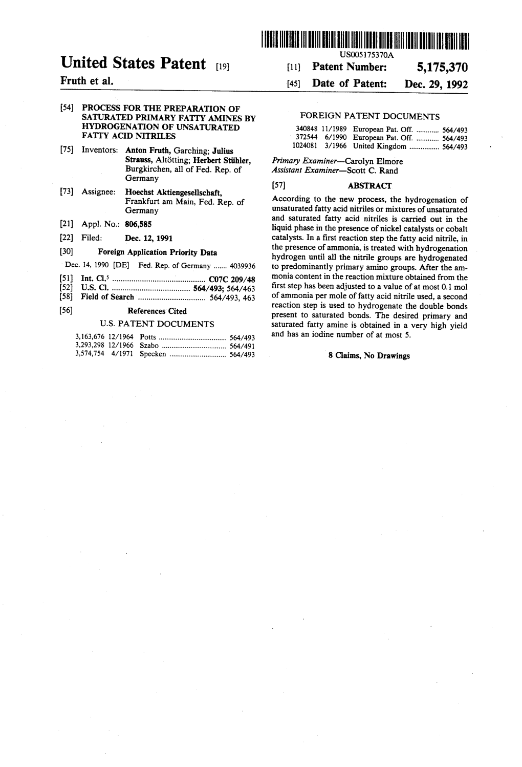 United States Patent (19) 11 Patent Number: 5,175,370 Fruth Et Al