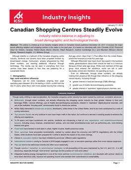 Canadian Shopping Centres Steadily Evolve Industry Retains Balance in Adjusting to Broad Demographic and Technological Trends
