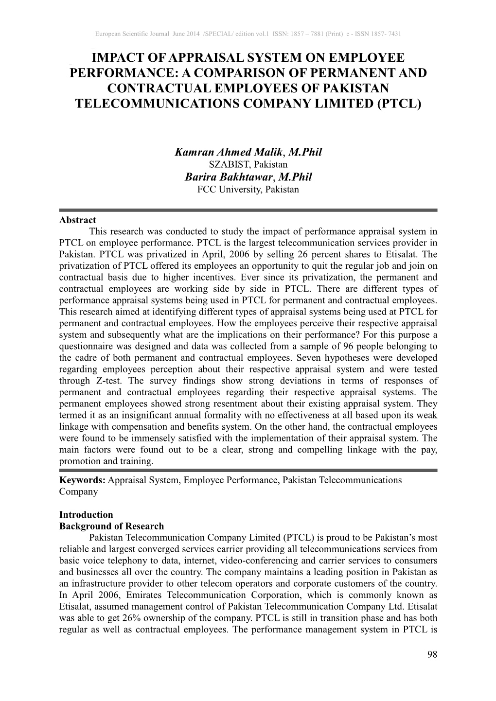 Impact of Appraisal System on Employee Performance: a Comparison of Permanent and Contractual Employees of Pakistan Telecommunications Company Limited (Ptcl)