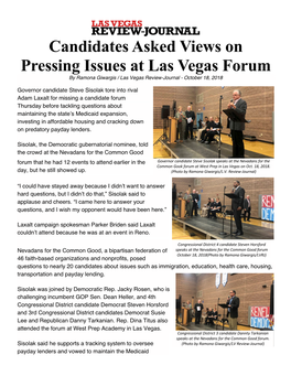 Candidates Asked Views on Pressing Issues at Las Vegas Forum by Ramona Giwargis / Las Vegas Review-Journal - October 18, 2018