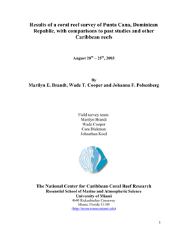 Results of a Coral Reef Survey of Punta Cana, Dominican Republic, with Comparisons to Past Studies and Other Caribbean Reefs