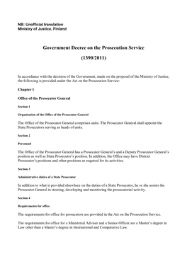 Government Decree on the Prosecution Service (1390/2011)