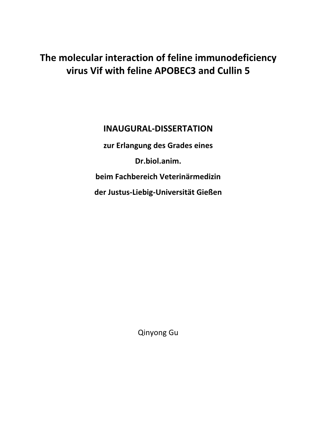 The Molecular Interaction of Feline Immunodeficiency Virus Vif with Feline APOBEC3 and Cullin 5