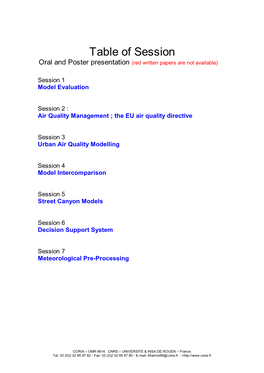 Table of Session Oral and Poster Presentation (Red Written Papers Are Not Available)