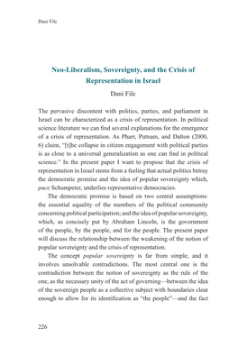 Neo-Liberalism, Sovereignty, and the Crisis of Representation in Israel Dani Filc