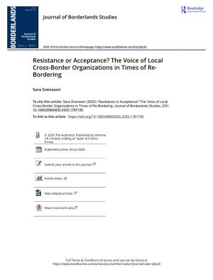 Resistance Or Acceptance? the Voice of Local Cross-Border Organizations in Times of Re- Bordering