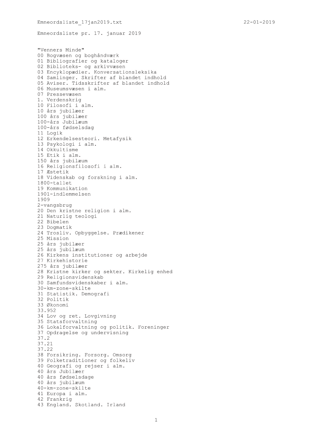 Emneordsliste 17Jan2019.Txt 22-01-2019 Emneordsliste Pr. 17