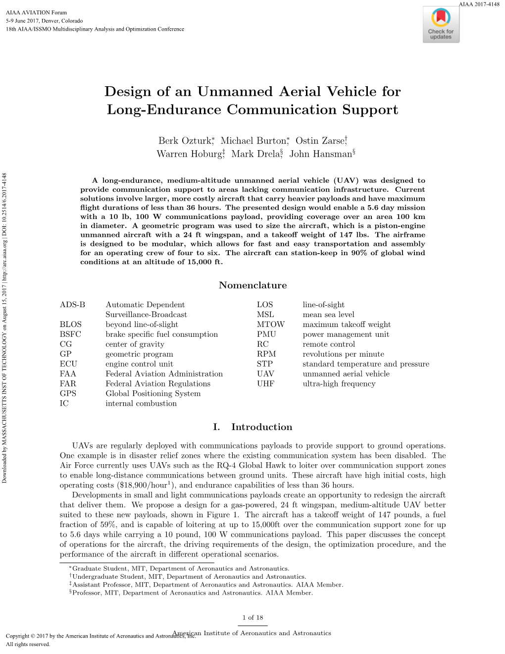 Design of an Unmanned Aerial Vehicle for Long-Endurance Communication Support