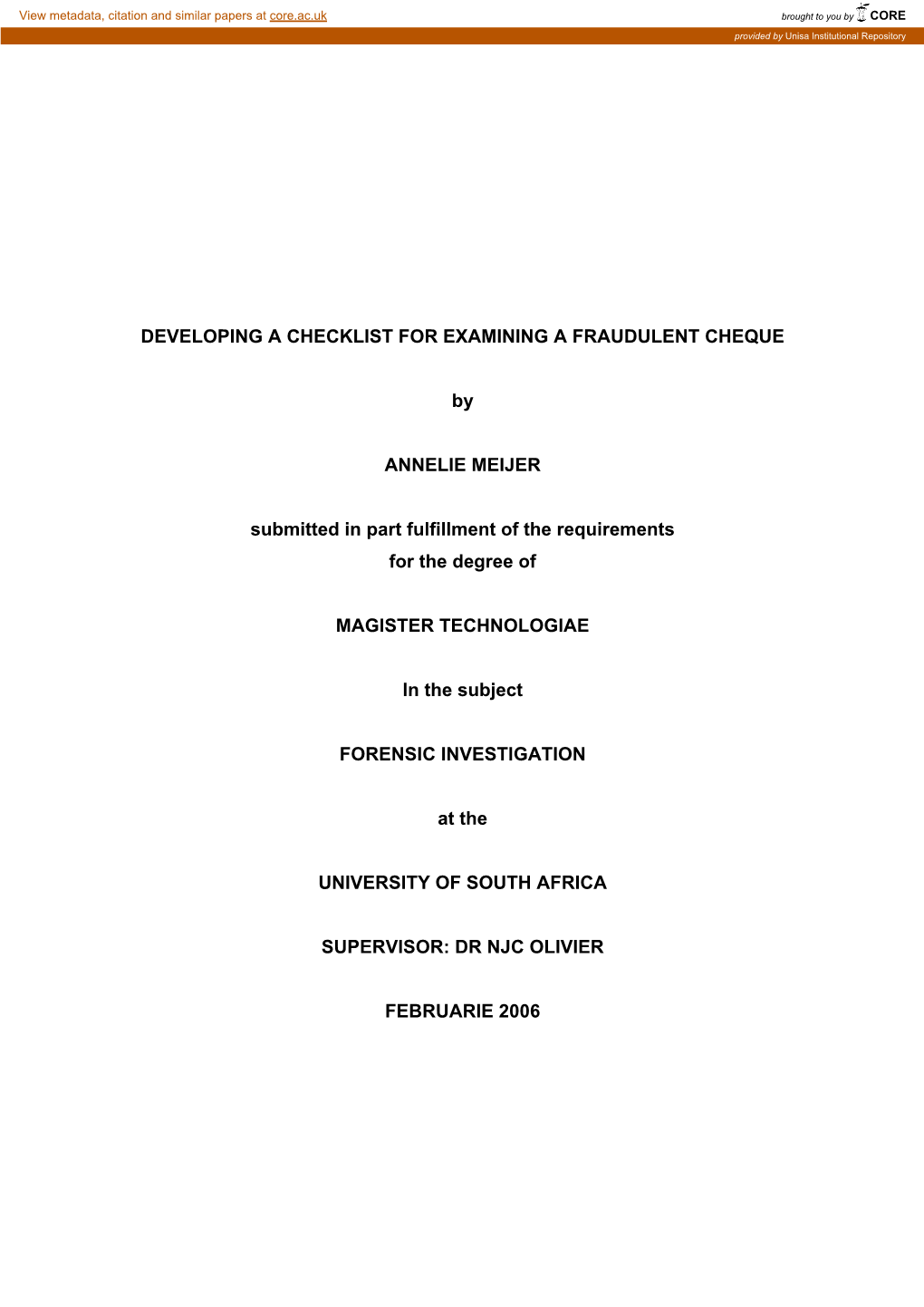 Developing a Checklist for Examining a Fraudulent Cheque