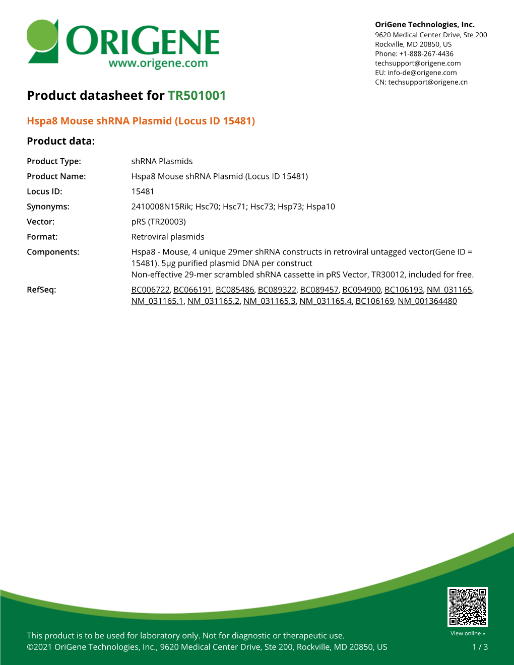 Hspa8 Mouse Shrna Plasmid (Locus ID 15481) Product Data