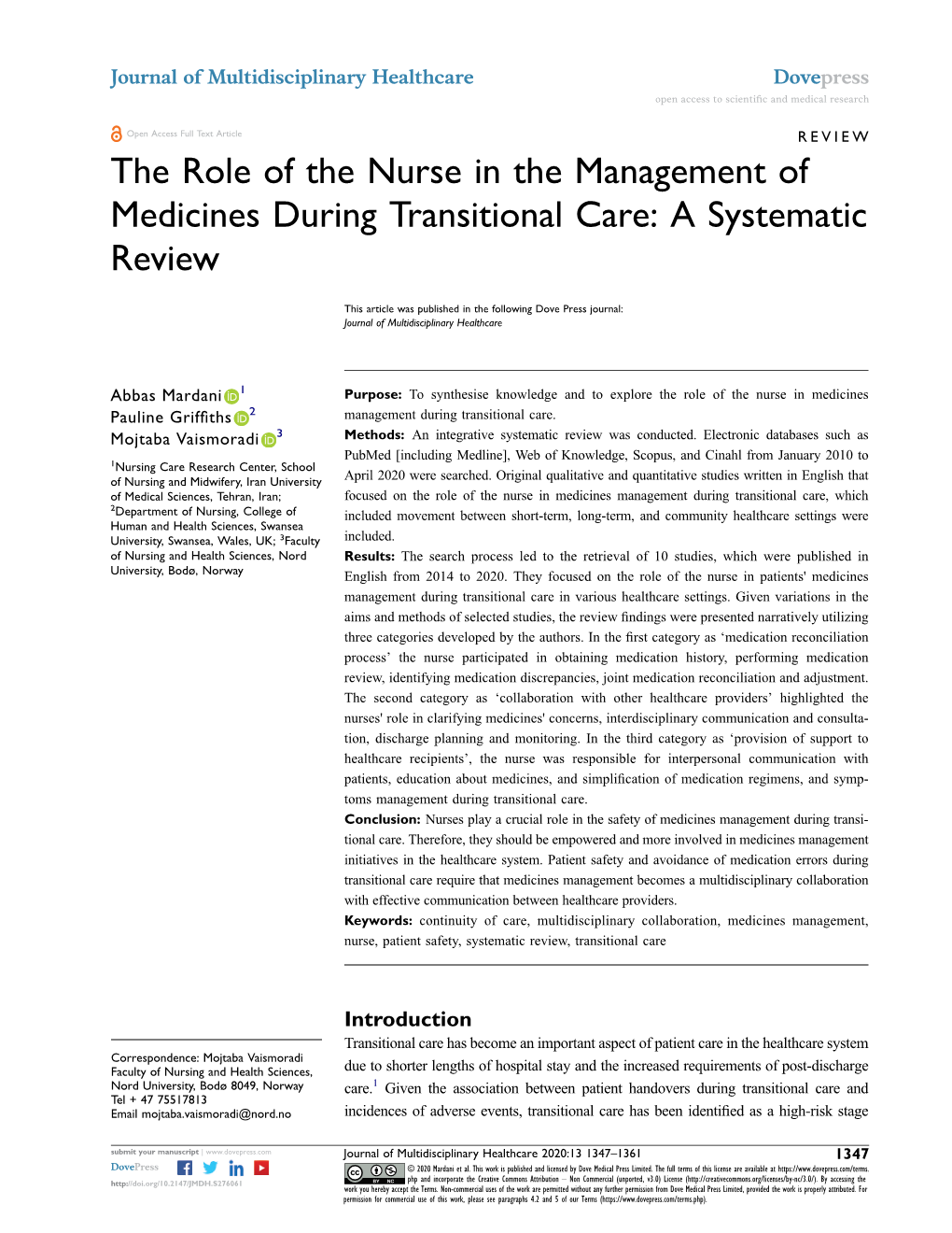 The Role of the Nurse in the Management of Medicines During Transitional Care: a Systematic Review