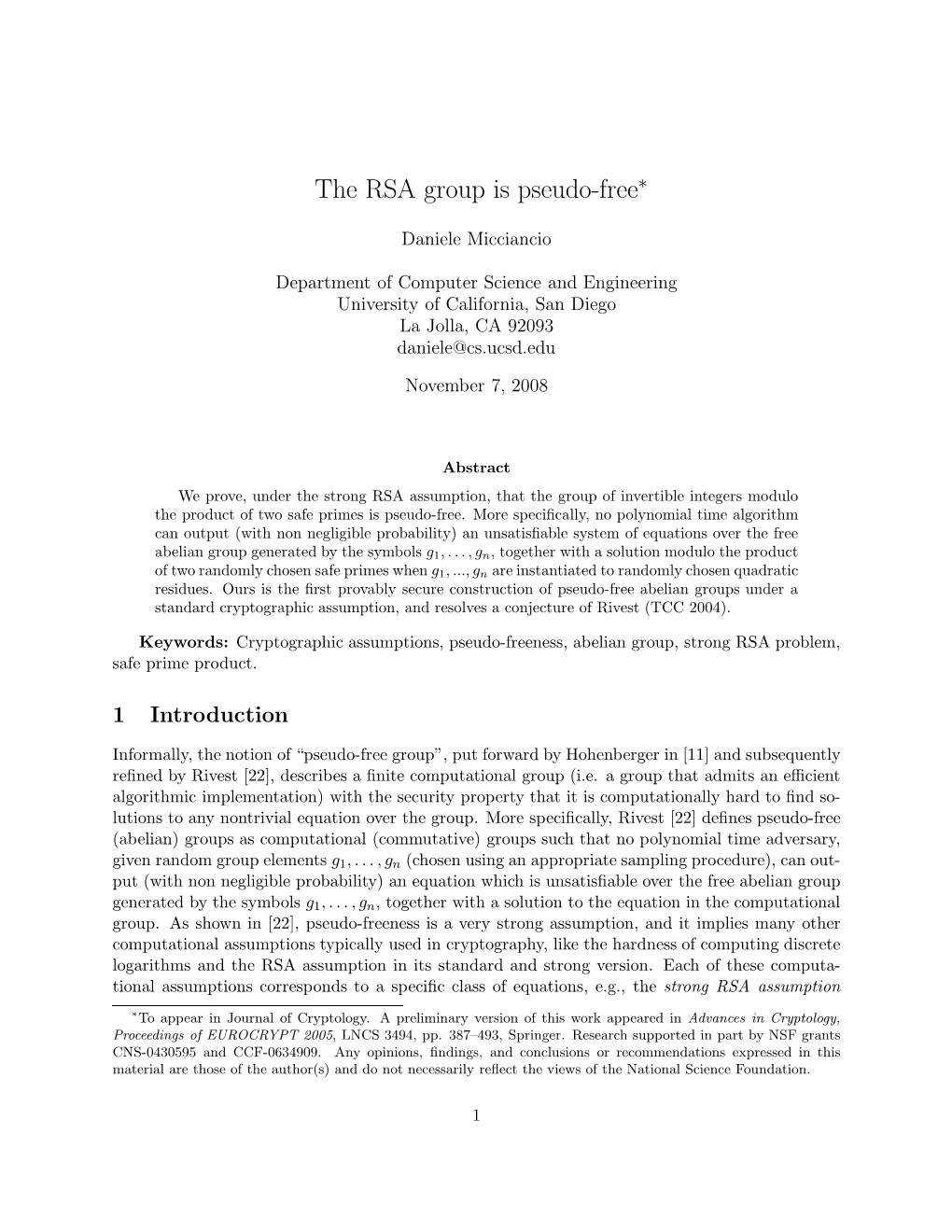 The RSA Group Is Pseudo-Free∗