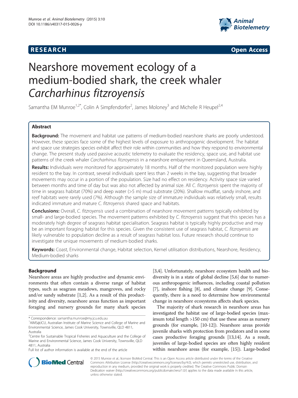 Nearshore Movement Ecology of a Medium-Bodied Shark, the Creek Whaler Carcharhinus Fitzroyensis