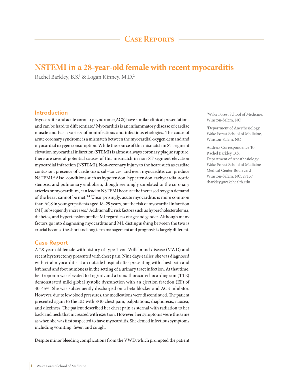 Case Reports NSTEMI in a 28-Year-Old Female with Recent Myocarditis