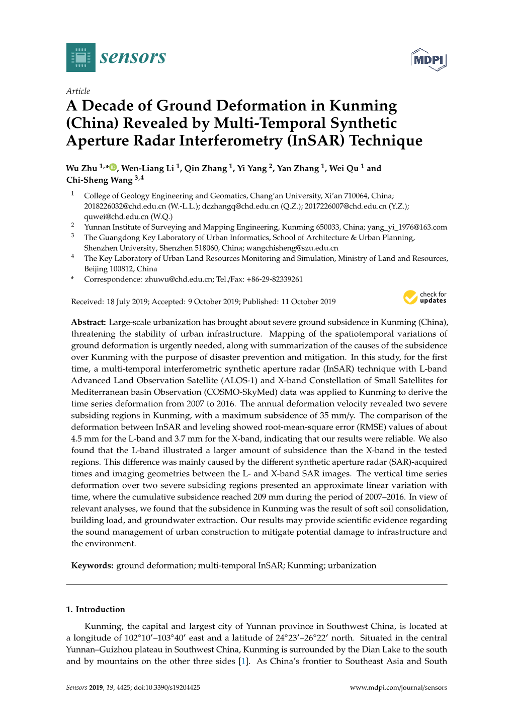 A Decade of Ground Deformation in Kunming (China) Revealed by Multi-Temporal Synthetic Aperture Radar Interferometry (Insar) Technique