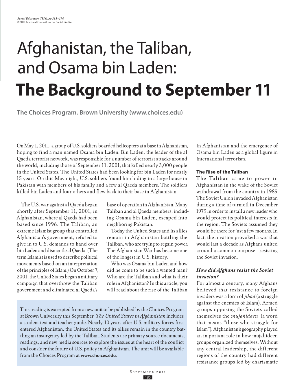 Afghanistan, the Taliban, and Osama Bin Laden: the Background to September 11