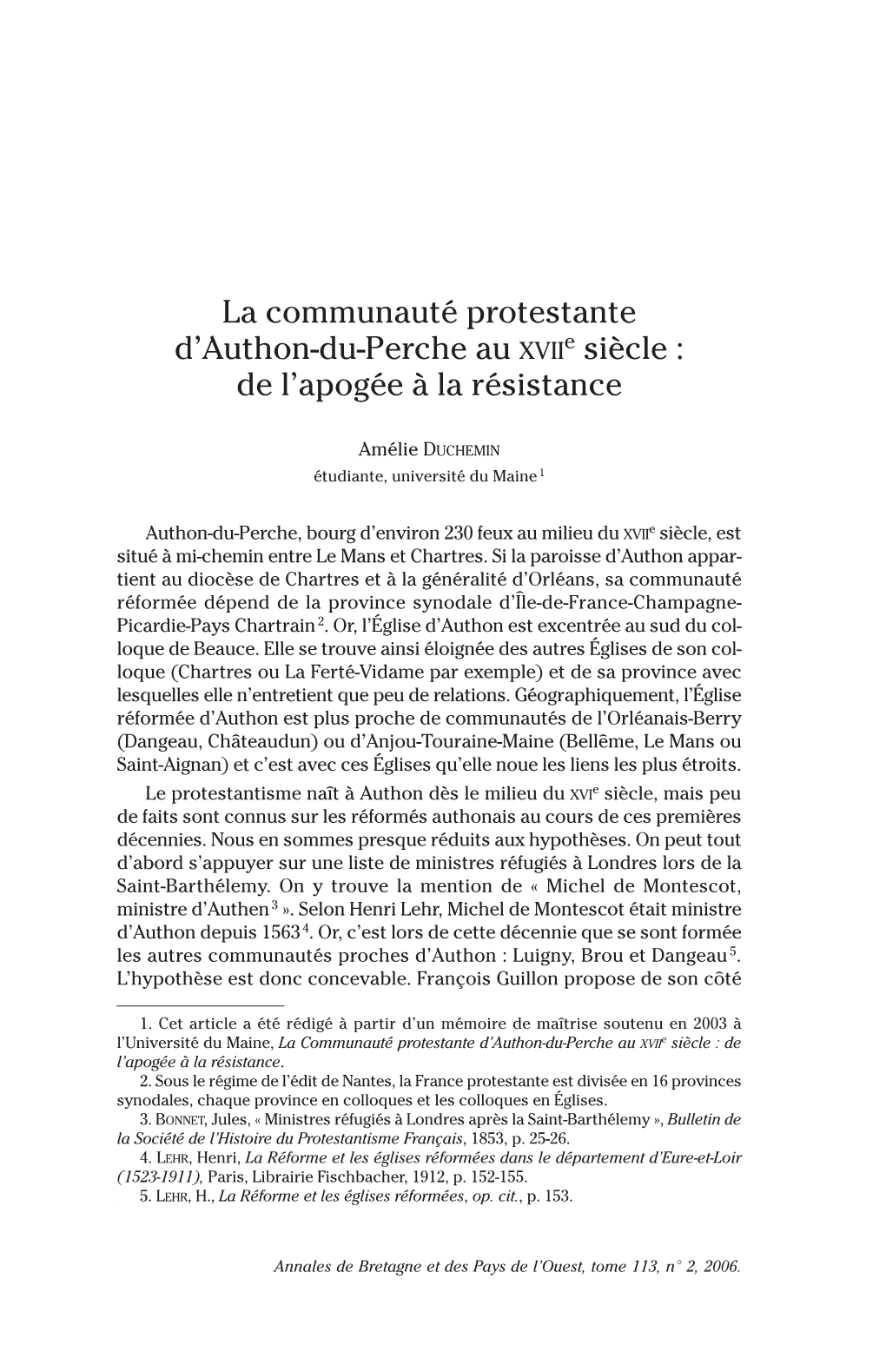 La Communauté Protestante D'authon-Du-Perche Au XVII E Siècle