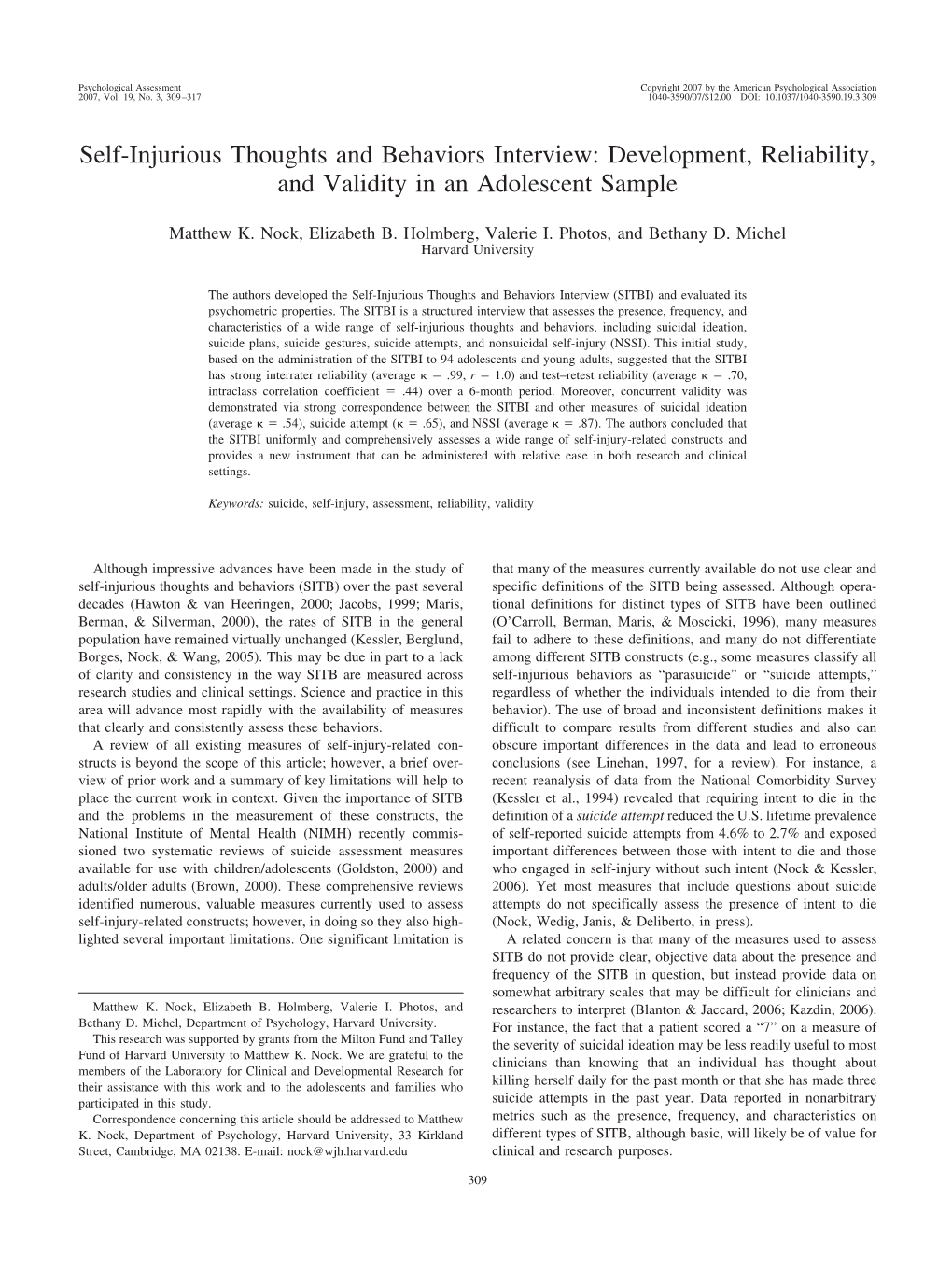 Self-Injurious Thoughts and Behaviors Interview: Development, Reliability, and Validity in an Adolescent Sample