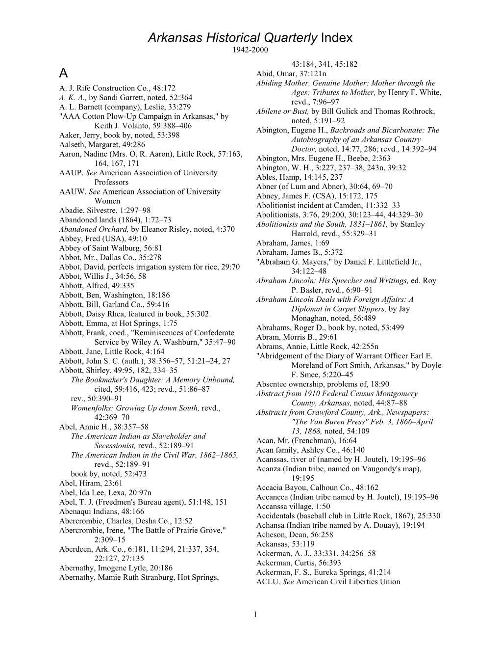 Arkansas Historical Quarterly Index A