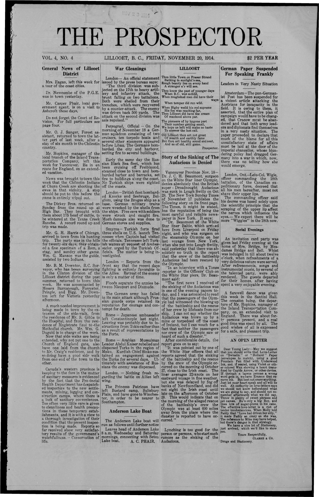 Vol. 4, No. 4 Lillooet, B. C, Fridat, November 20, 1914