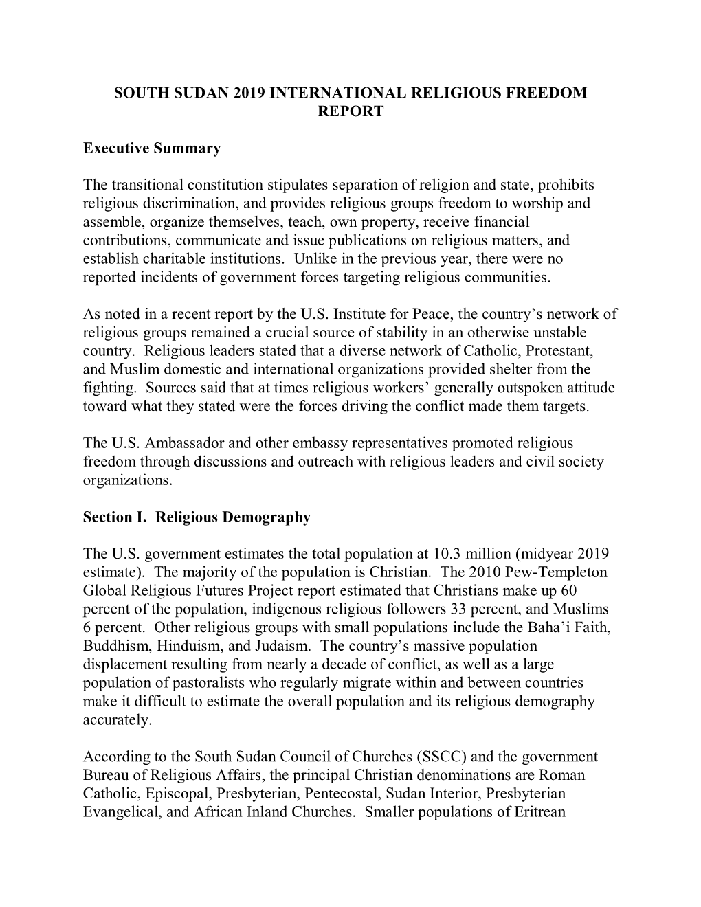 South Sudan 2019 International Religious Freedom Report