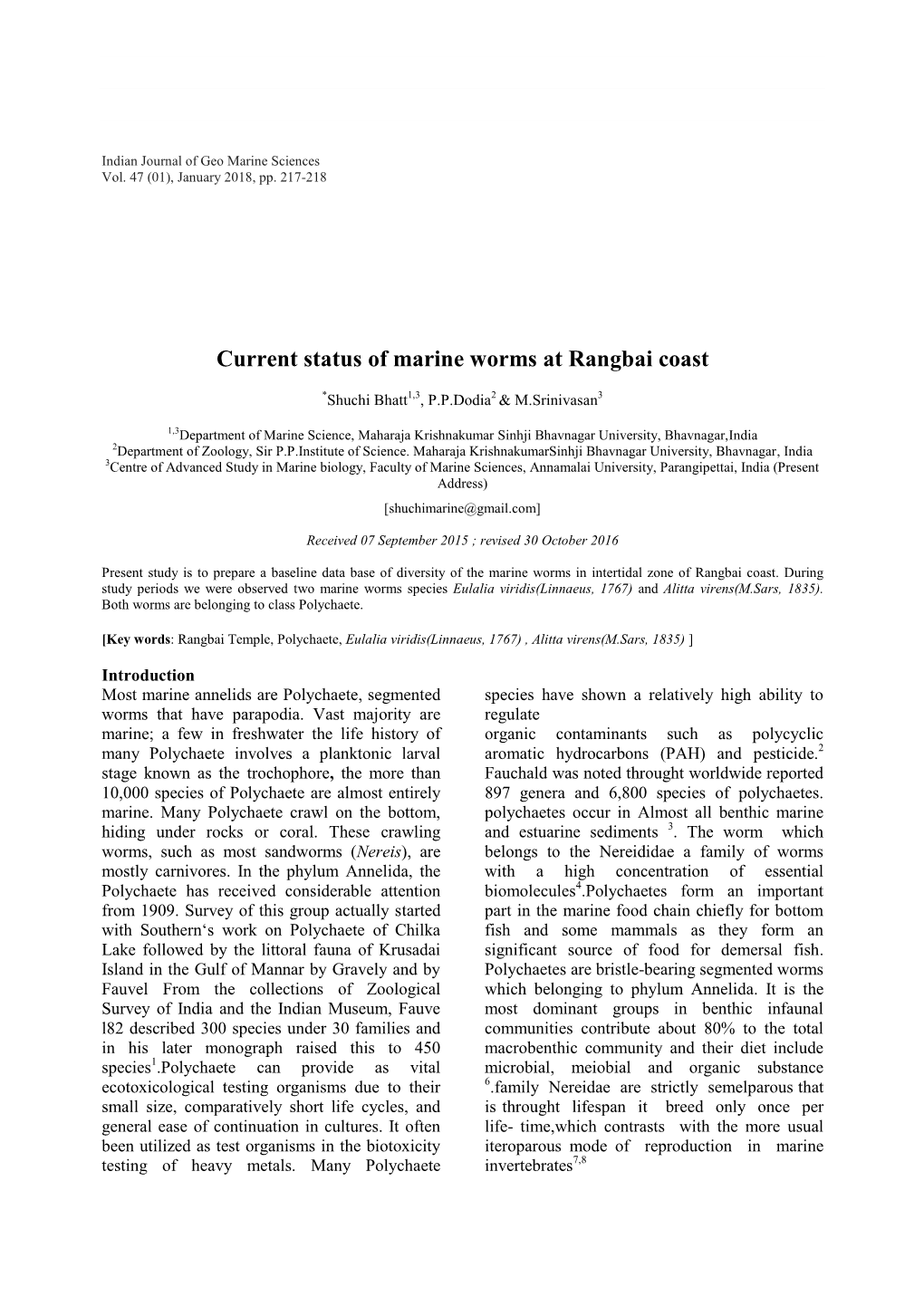 Current Status of Marine Worms at Rangbai Coast