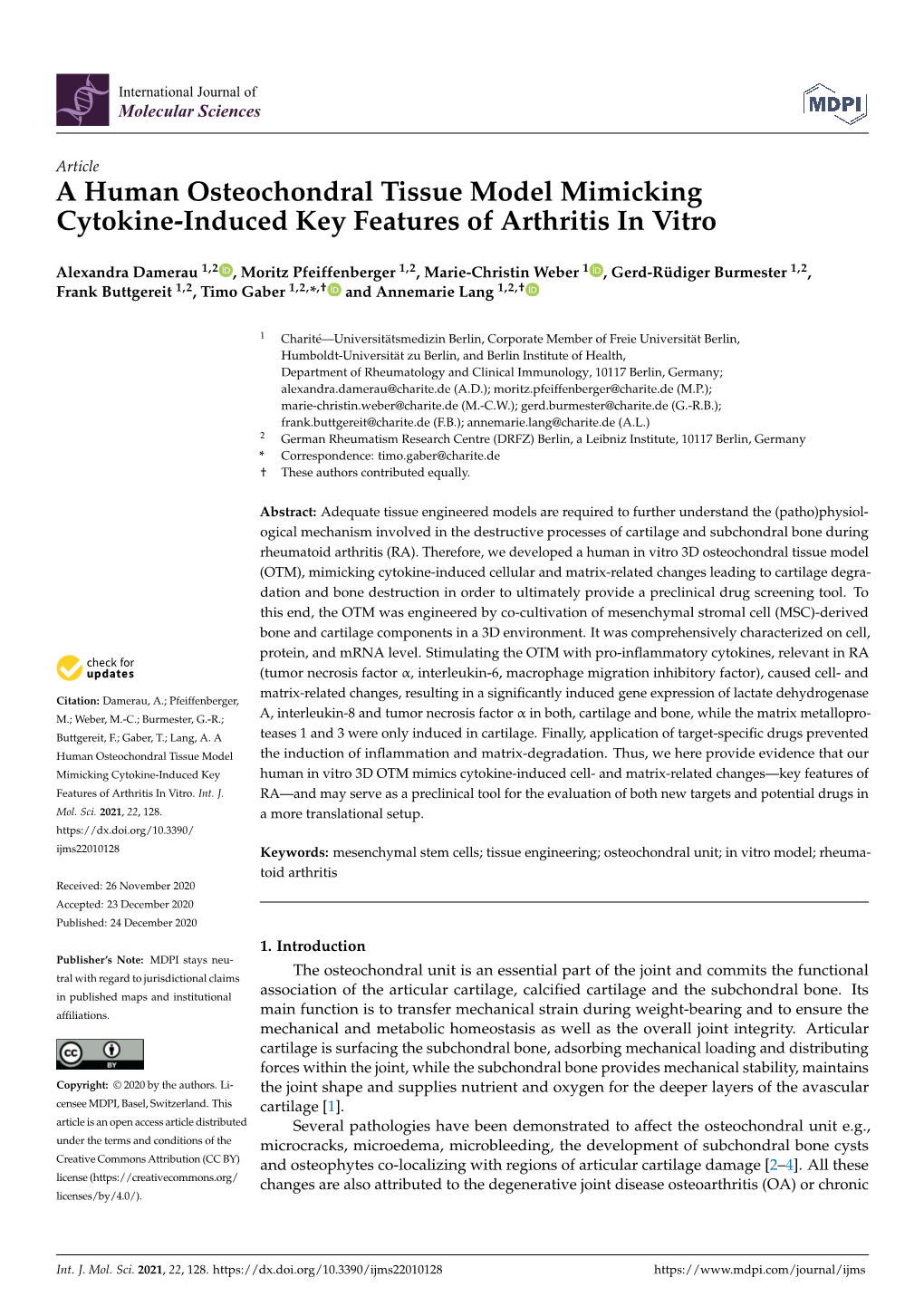 A Human Osteochondral Tissue Model Mimicking Cytokine-Induced Key Features of Arthritis in Vitro